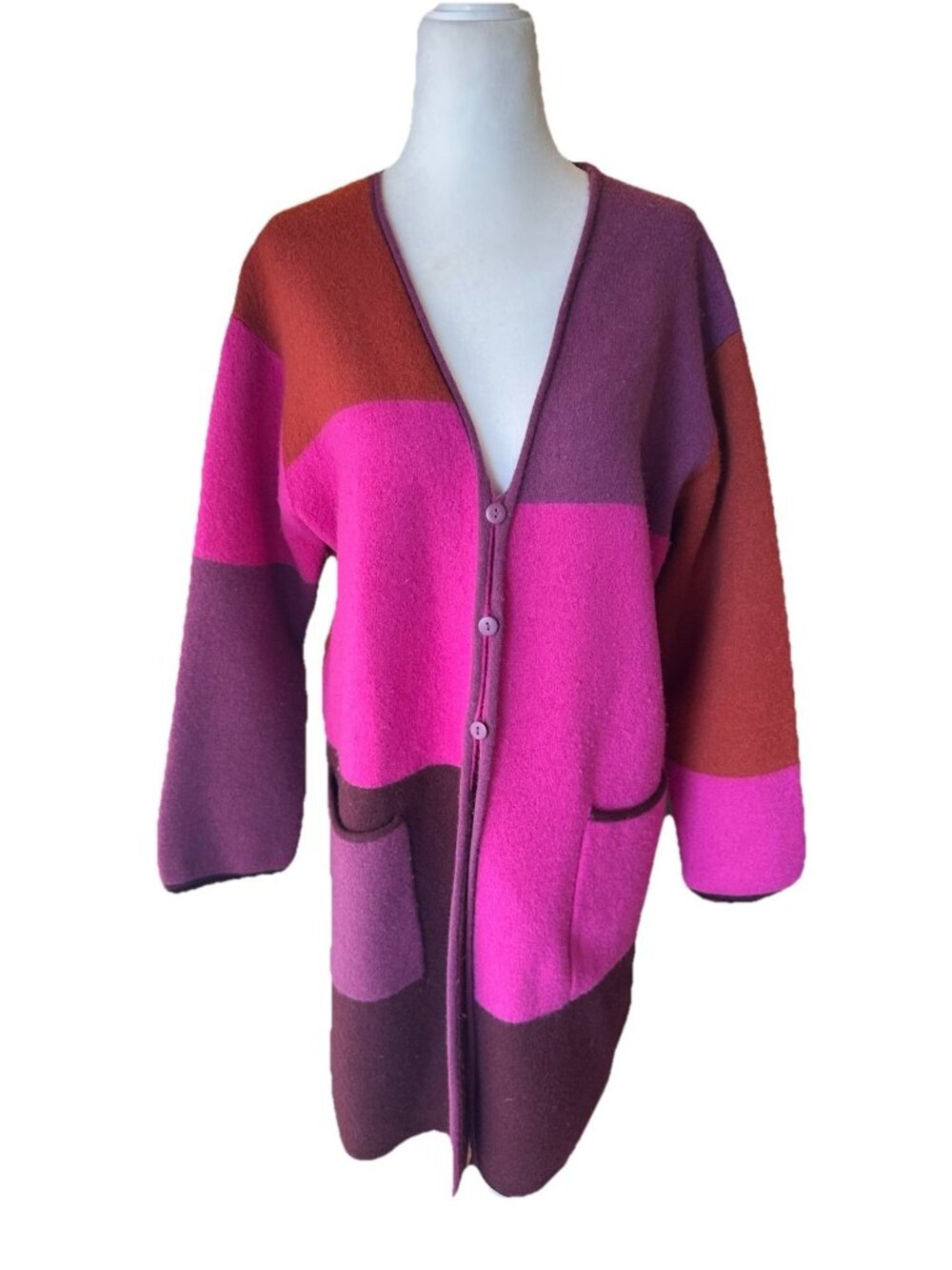 Gudrun Sjoden  Boho Colorblock Cardigan Large Organic Wool Pink Purple Orange